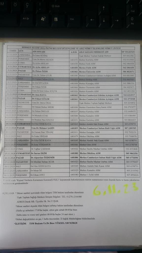UŞAK DEFİN KASIM 2023 NÖBET LİSTESİ